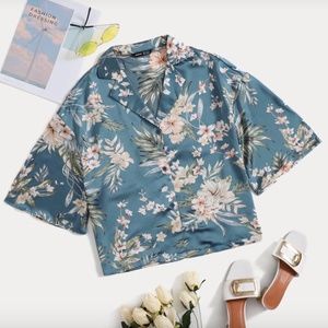 Shein Blue Floral Hawaiian Shirt Slightly Cropped Sz 14 XXL